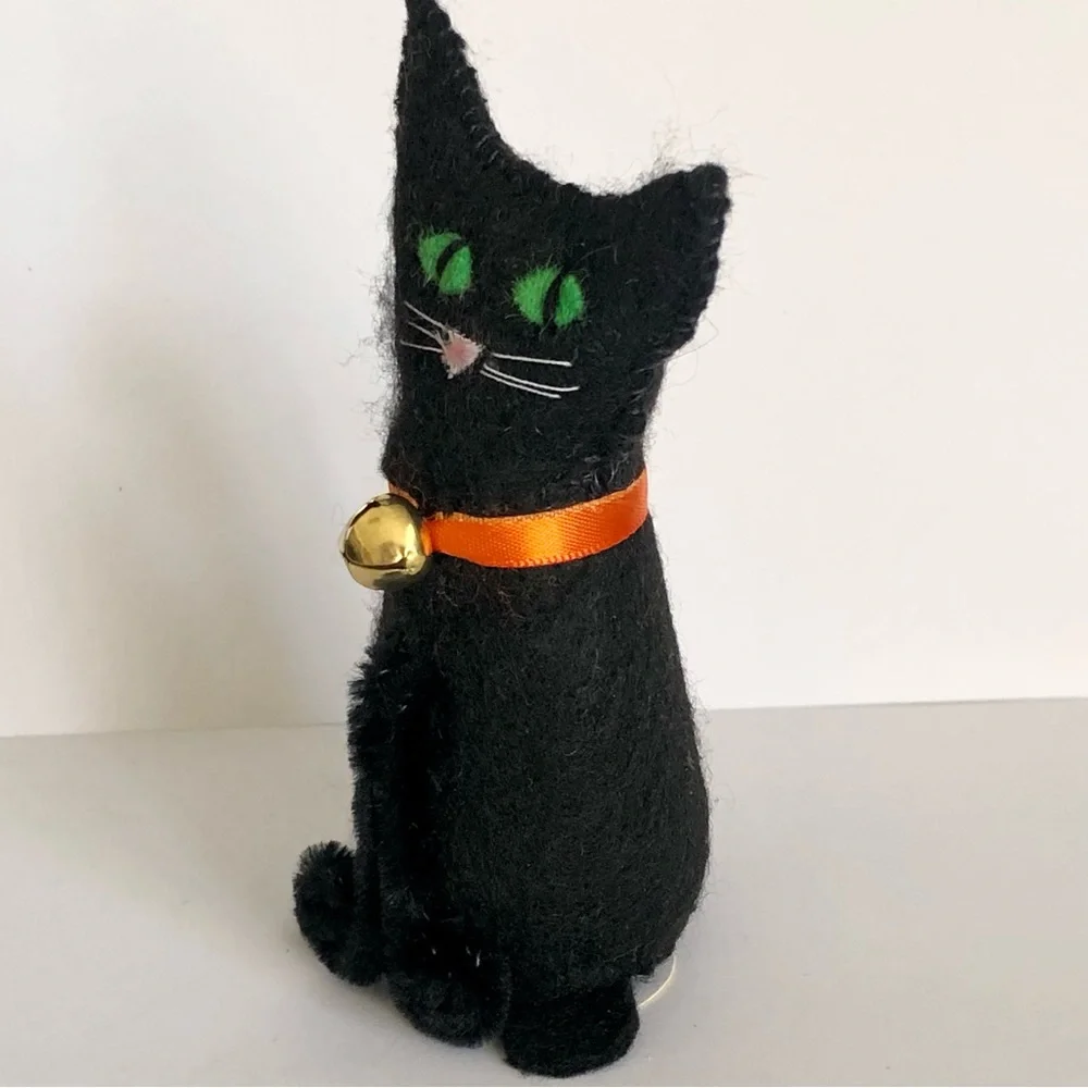 Black Cat Felt art doll hand-sewn handmade Orange ribbon bell